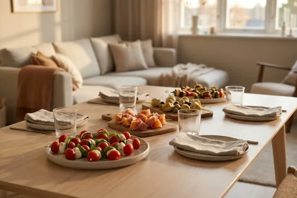 mesa de aperitivos fáceis para receber em casa com tábua, pastas e fruta https://amigaah.com.br/