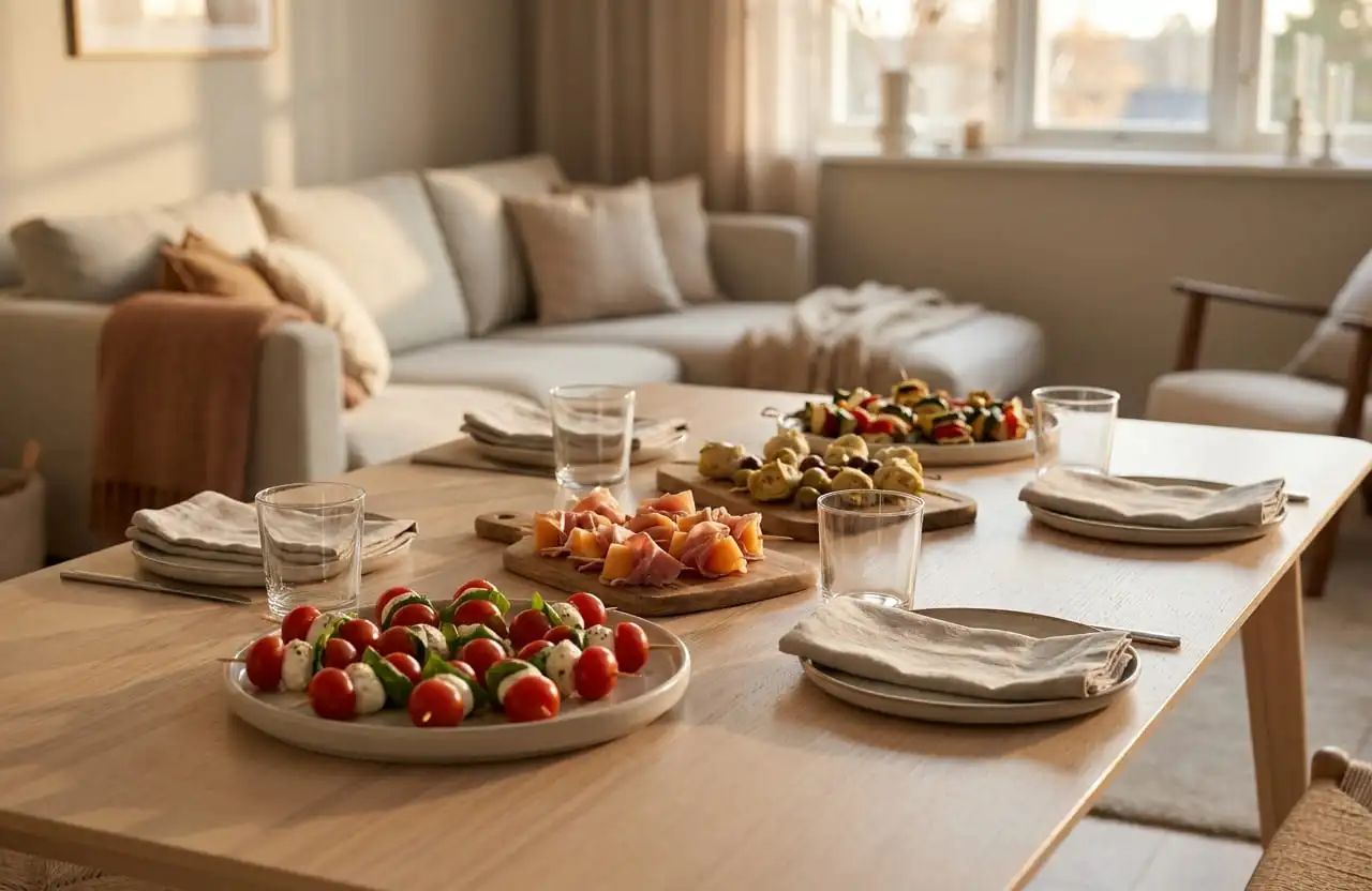 mesa de aperitivos fáceis para receber em casa com tábua, pastas e fruta https://amigaah.com.br/