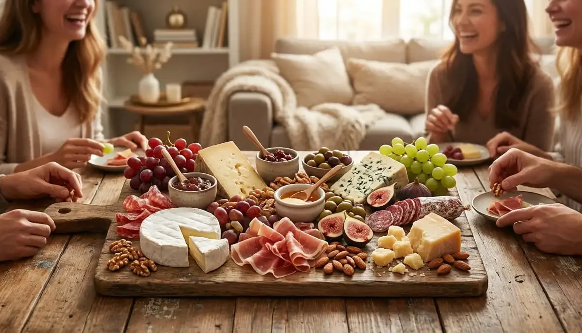 tábua de frios montada em casa com queijos, salame, uvas e mel https://amigaah.com.br/