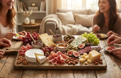 tábua de frios montada em casa com queijos, salame, uvas e mel https://amigaah.com.br/