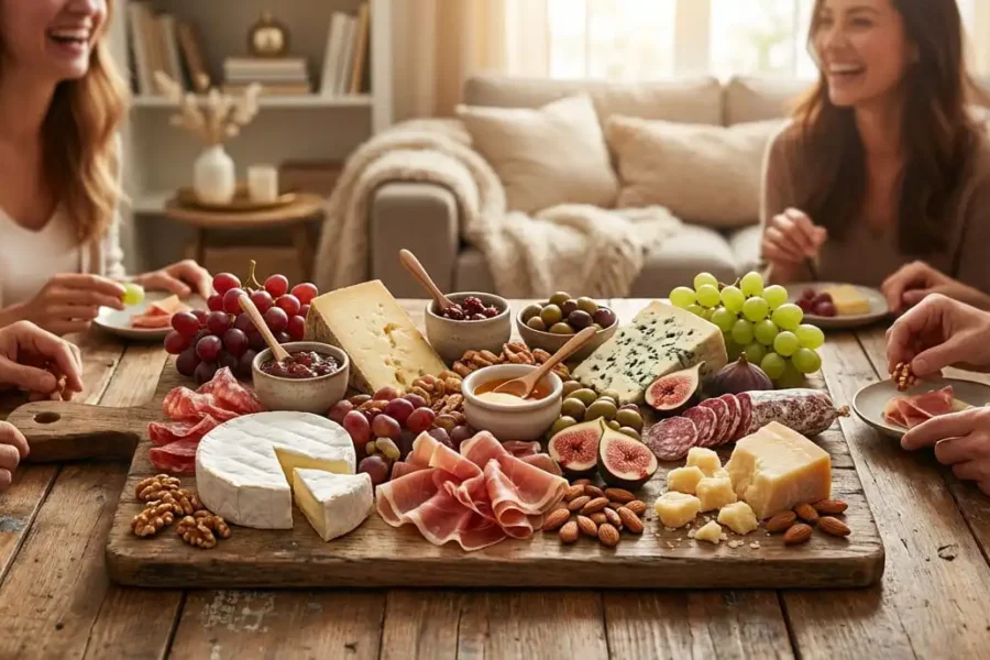 tábua de frios montada em casa com queijos, salame, uvas e mel https://amigaah.com.br/