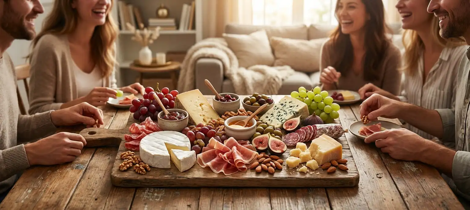 ![Amigos reunidos ao redor de uma mesa de madeira compartilhando como montar tábua de frios com queijos variados, presunto, uvas, figos e nozes] https://amigaah.com.br