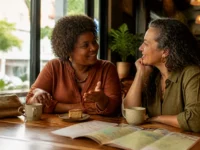Duas mulheres com mais de 40 anos conversam em um café e iniciam uma amizade em uma cidade nova. https://amigaah.com.br