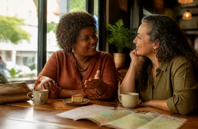 Duas mulheres com mais de 40 anos conversam em um café e iniciam uma amizade em uma cidade nova. https://amigaah.com.br
