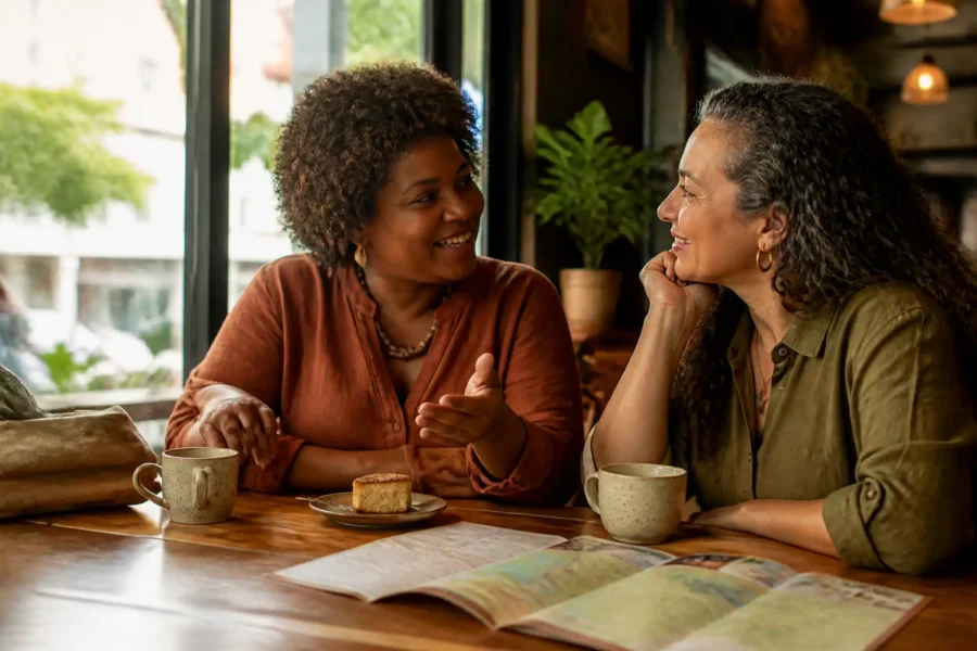 Duas mulheres com mais de 40 anos conversam em um café e iniciam uma amizade em uma cidade nova. https://amigaah.com.br