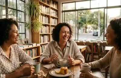 Mulher enfrentando a solidão depois dos 40 anos e reconstruindo a vida social com novas amigas https://amigaah.com.br