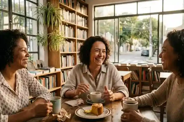 Mulher enfrentando a solidão depois dos 40 anos e reconstruindo a vida social com novas amigas https://amigaah.com.br