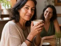 Mulher depois dos 40 anos em cafeteria, vencendo a timidez para conhecer novas pessoas. https://amigaah.com.br