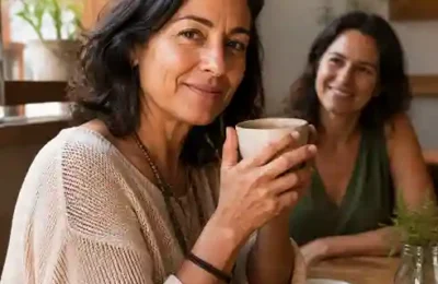 Mulher depois dos 40 anos em cafeteria, vencendo a timidez para conhecer novas pessoas. https://amigaah.com.br