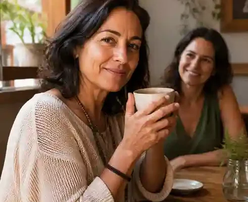 Mulher depois dos 40 anos em cafeteria, vencendo a timidez para conhecer novas pessoas. https://amigaah.com.br