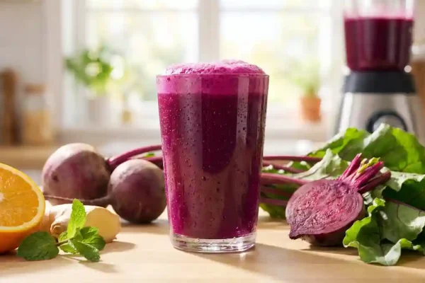 Copo de suco de beterraba para a circulação feito na hora, cercado por beterrabas cruas, laranja, gengibre e hortelã sobre bancada de madeira