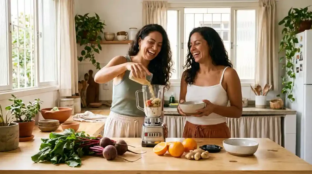 Mulheres preparando suco de beterraba para a circulação com laranja e gengibre em cozinha caseira