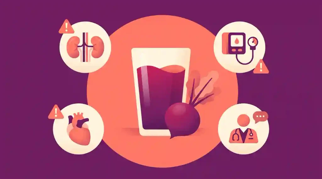 Ilustração flat design de suco de beterraba para a circulação, mostrando um copo ao centro cercado por ícones de saúde: rim, medidor de pressão arterial, coração e símbolo de consulta médica, em tons de roxo, coral e creme.