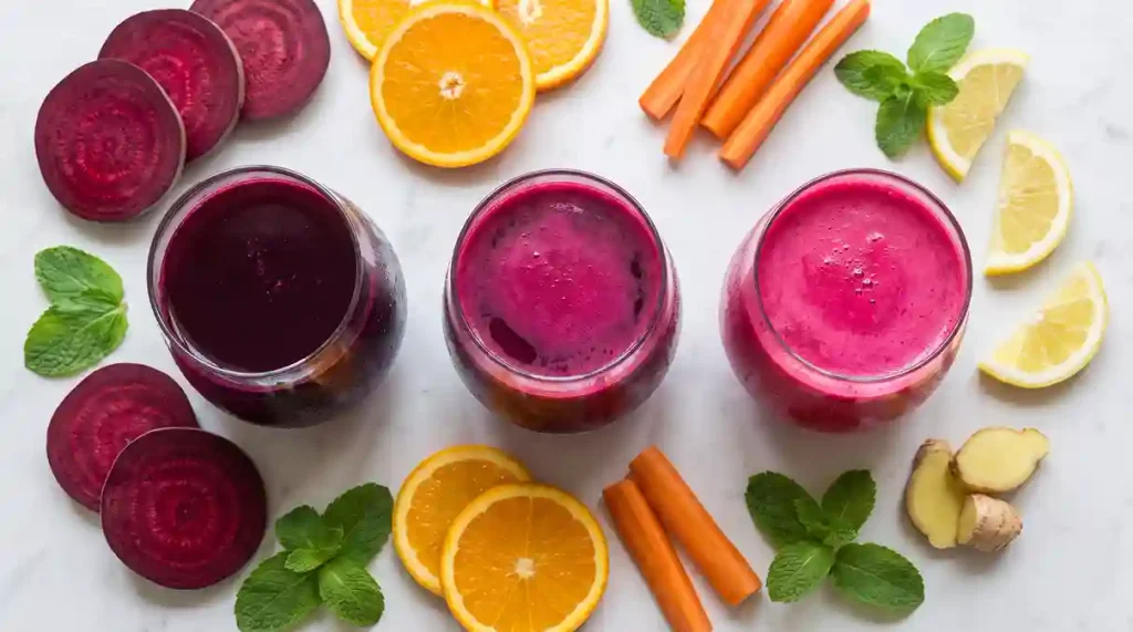 Suco de beterraba para a circulação servido em três copos de vidro vistos de cima, cercados por beterraba cortada, laranja, cenoura, limão, hortelã e gengibre sobre mármore claro