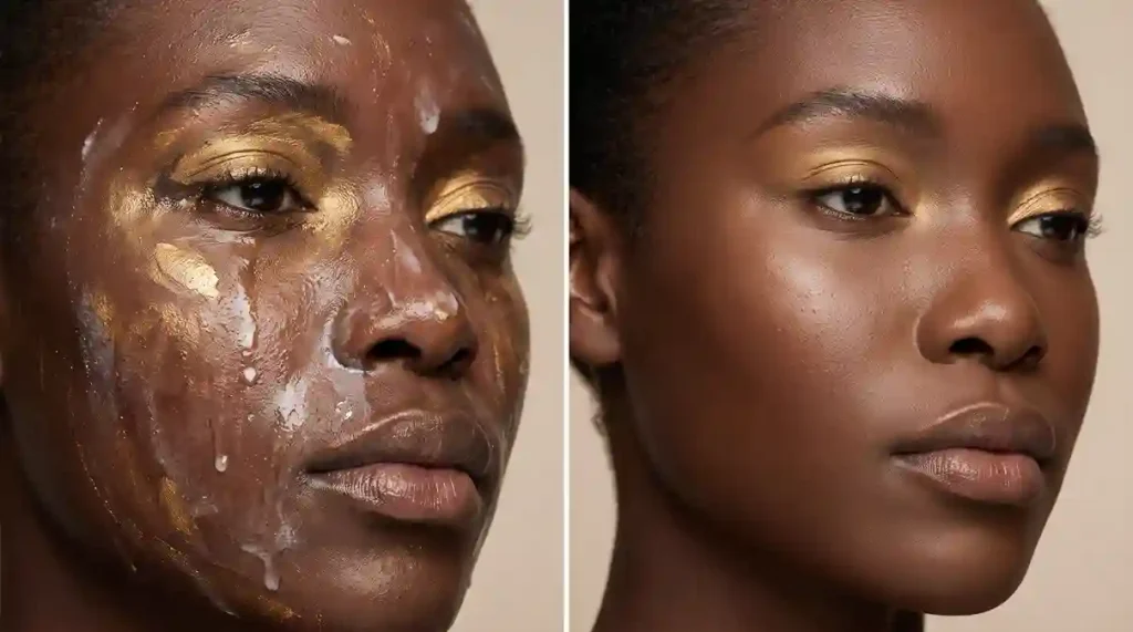 como aplicar protetor solar por cima da maquiagem sem borrar na pele negra — resultado antes e depois da técnica correta. 