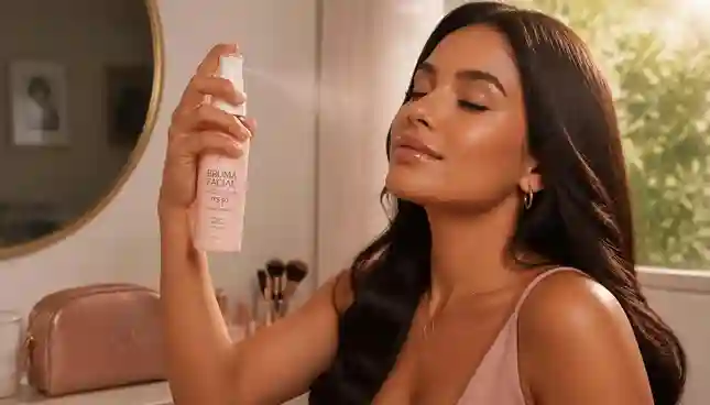 mulher aplicando protetor solar por cima da maquiagem sem borrar com bruma facial